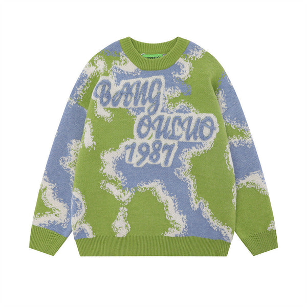 Men's Loose Contrast Color Flocking Letter Pullover Sweater