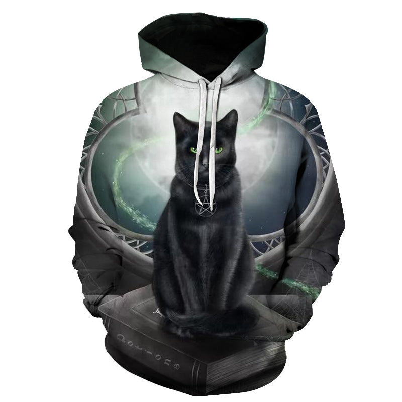 Cute Cat Digital Print Hooded Couple Sweatshirt