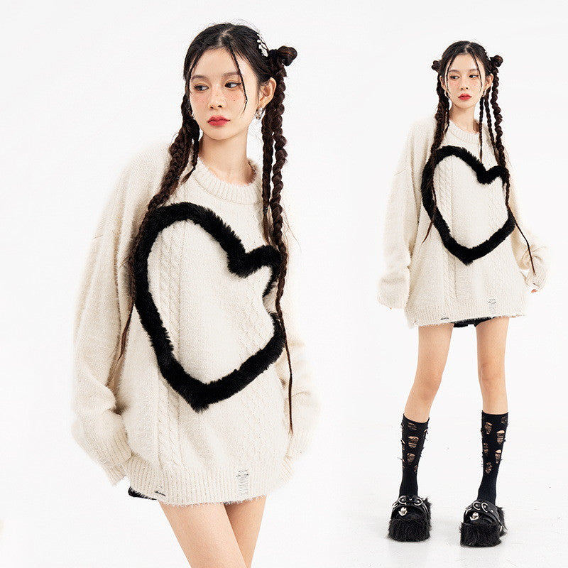Simple Contrast Color Three-dimensional Velvet Love Sweater