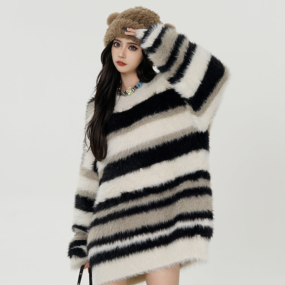 Striped Mink-like Round Neck Sweater For Men