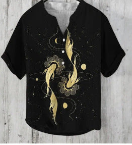 Printed V-neck Men's 3 Breasted Pullover Short Sleeve Shirt