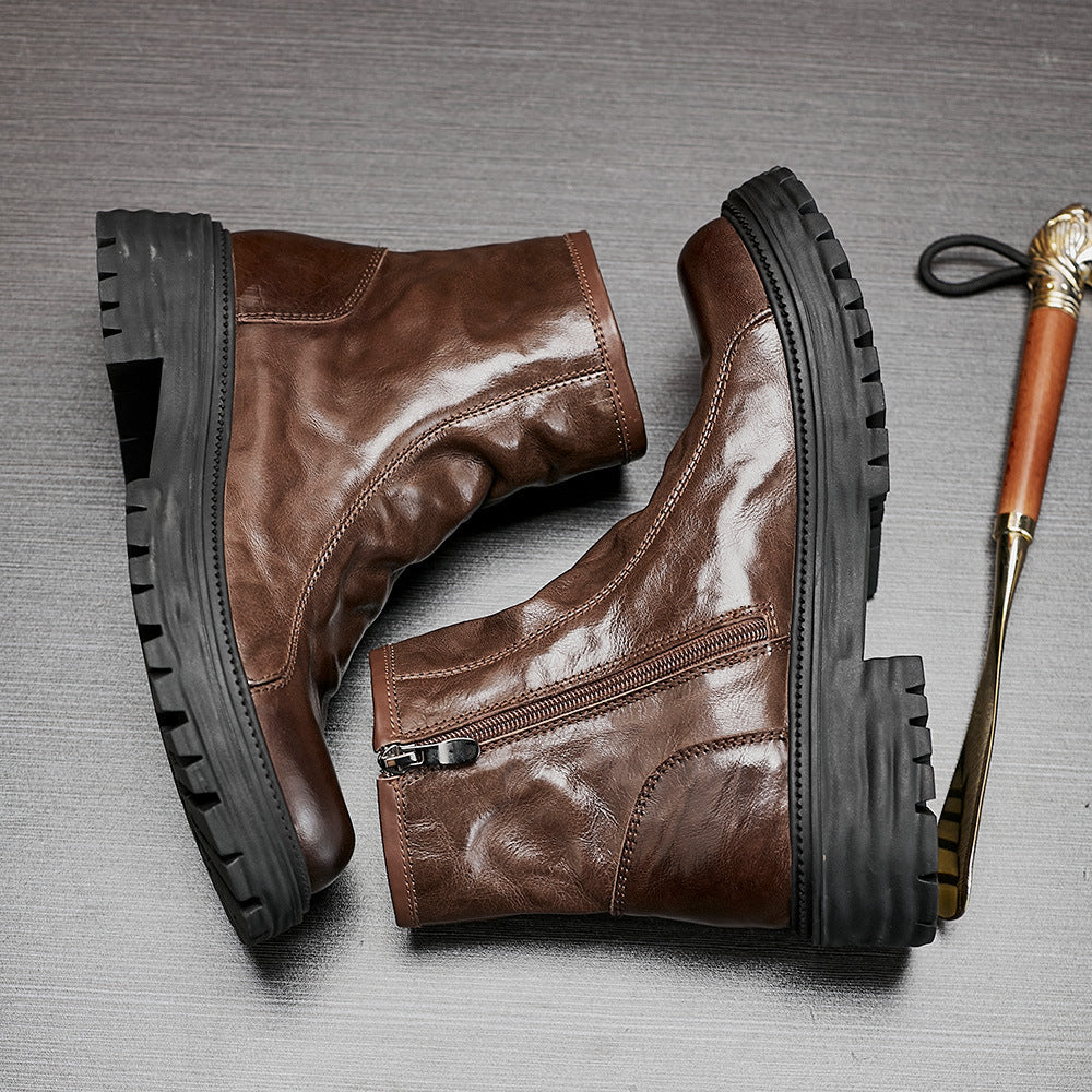 Men's Autumn And Winter Genuine Leather High-top Platform Worker Boots