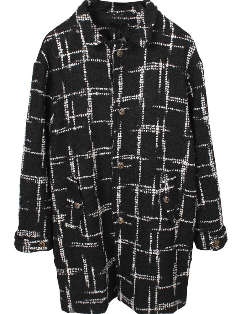 Black Plaid Mid-length Woolen Woven Coat For Couples