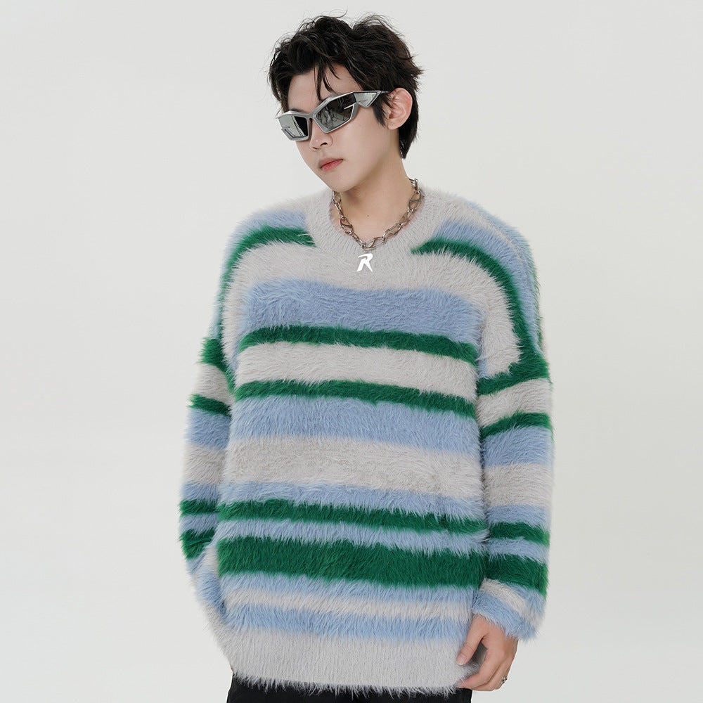 Striped Mink-like Round Neck Sweater For Men
