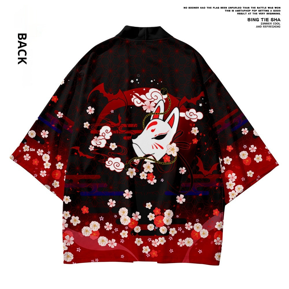 Peach Blossom Kimono Fox Mask Robe Sun-protective Clothing