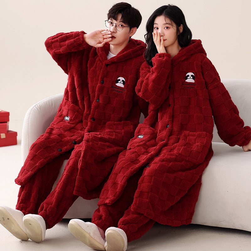 Women's Nightgown Autumn And Winter Long Flannel Thickened Couple Plus Size Loose Bathrobe Coral Fleece