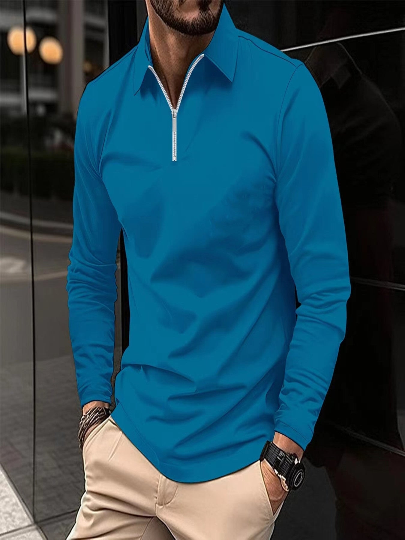 Zipper Men's Solid Color Long Sleeve Sports Polo Shirt