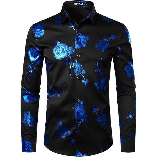 3D Golden Rose Print Slim Fit Long Sleeve Formal Wear Shirt