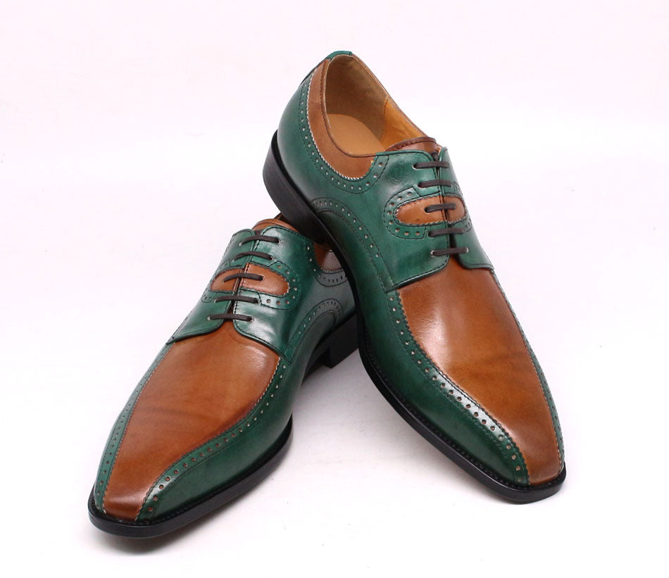 British Fashion Carved Color Matching Leather Shoes Cowhide Business