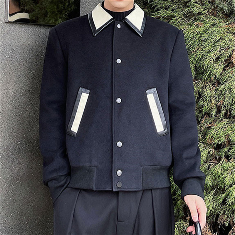 Men's Wool Contrast Leather Lapel Jacket