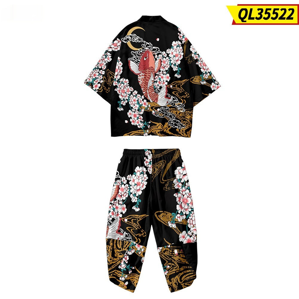 Koi Digital Printing Japanese Harajuku Kimono Robe Cloak Cropped Pants Set