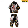Koi Digital Printing Japanese Harajuku Kimono Robe Cloak Cropped Pants Set