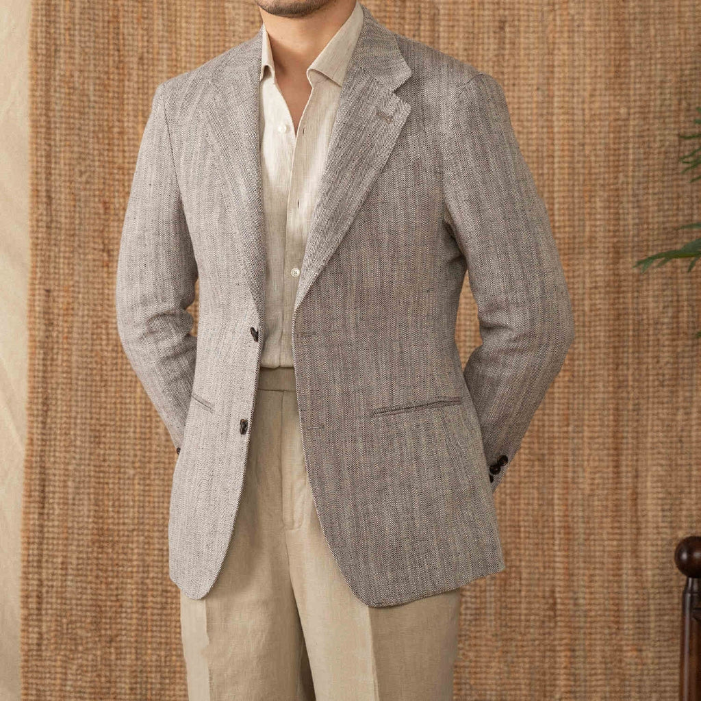 Cotton And Linen Herringbone Business Gentleman Half Lining Suit Jacket