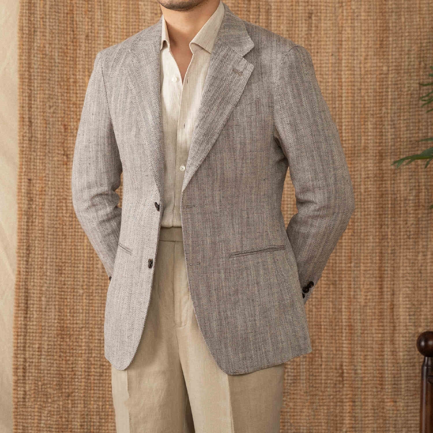 Cotton And Linen Herringbone Business Gentleman Half Lining Suit Jacket