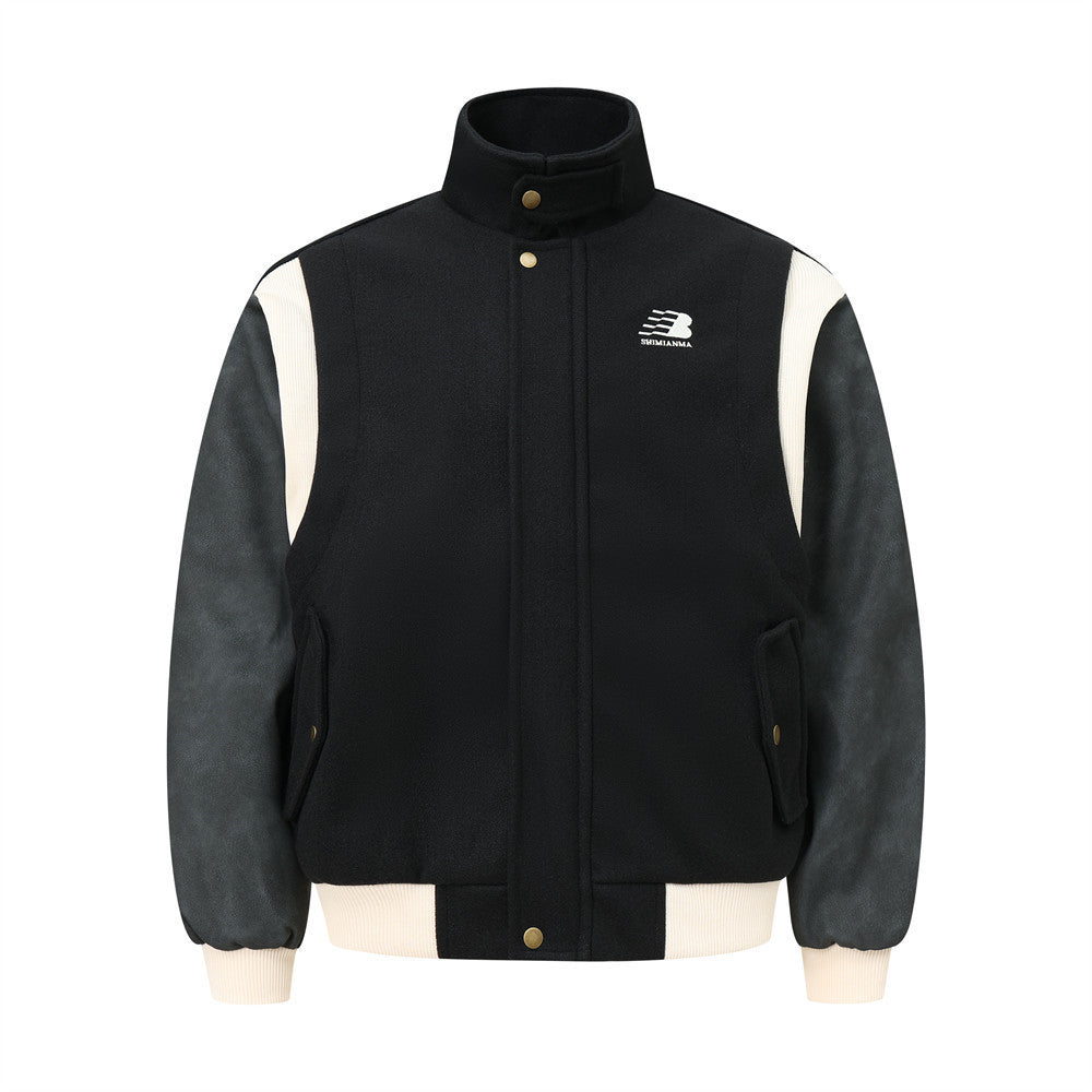 Baseball Uniform Men's Jacket Color Contrast Patchwork PU Leather Sleeve