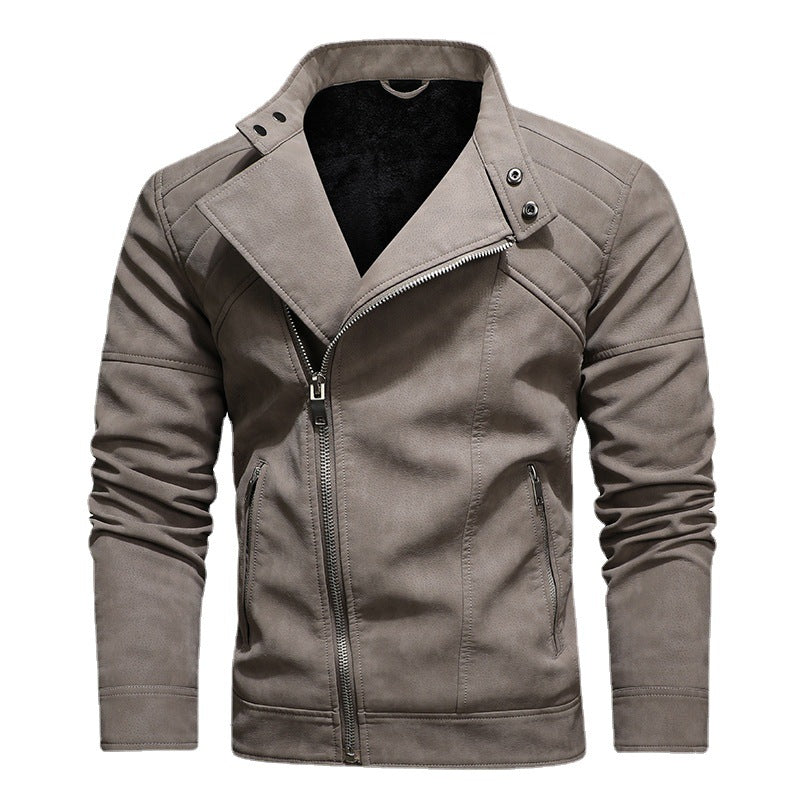 Men PU Leather Jacket with Oblique Zipper and Large Lapel Collar