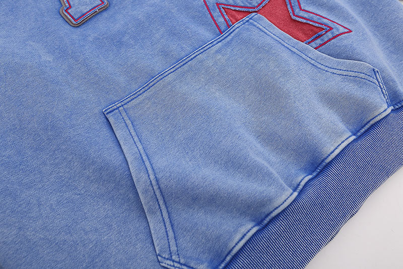 American-style Retro Hip Hop Letters Embroidered Patch Washed Hooded Sweater Men